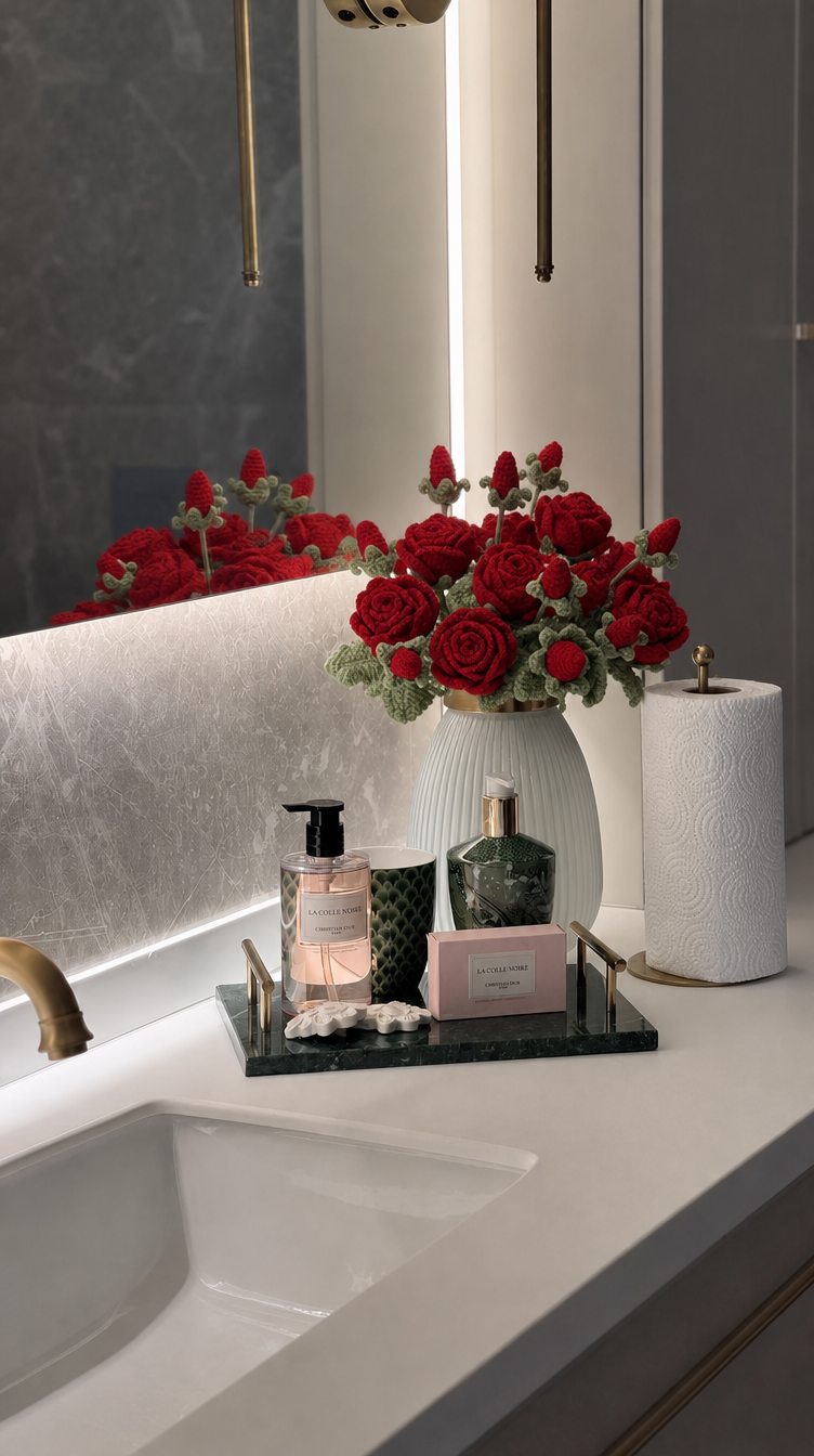 Rosas rojas tejidas en crochet decorando una sala elegante